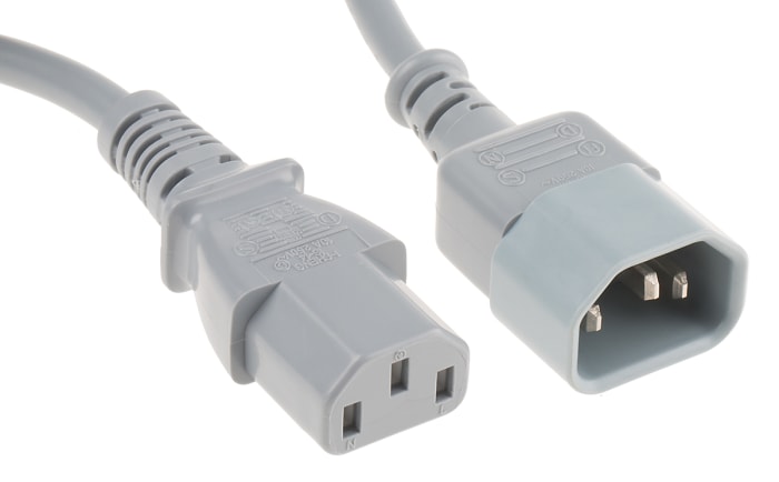 Cable de alimentación RS PRO Gris de 3m, con. A IEC C13, hembra, con. B IEC C14, macho, 250 V / 10 A
