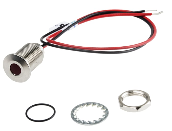 RS PRO Red Panel Mount Indicator, 21.6 → 26.4V dc, 10mm Mounting Hole Size, Lead Wires Termination, IP67