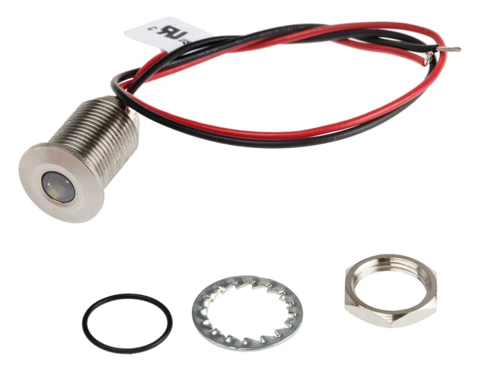 RS PRO White Panel Mount Indicator, 10.8 → 13.2V dc, 10mm Mounting Hole Size, Lead Wires Termination, IP67