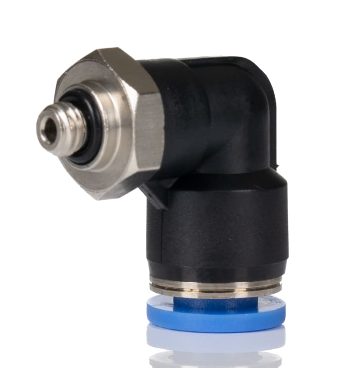 RS PRO Elbow Threaded Adaptor, M5 Male to Push In 6 mm, Threaded-to-Tube Connection Style