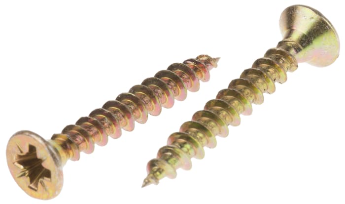 RS PRO Pozidriv Countersunk Steel Wood Screw, Yellow Passivated, Zinc Plated, 4mm Thread, 30mm Length