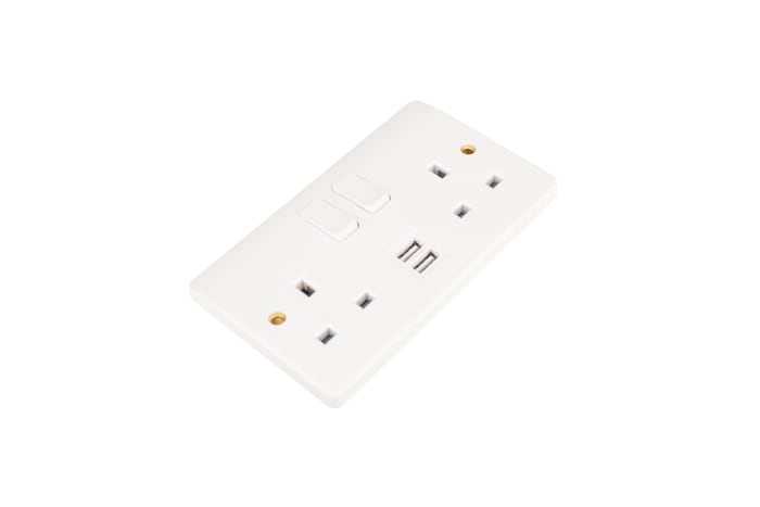 MK Electric White 2 Gang Plug Socket, 2 Poles, 2A, Type G - British, USB, Indoor Use