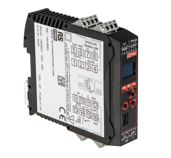 RS PRO, RS PRO DIN Rail PID Temperature Controller, 22.5 x 110mm 3 Input,  2 Output Changeover Relay, Relay, 24 V ac/dc Supply, 144-8683