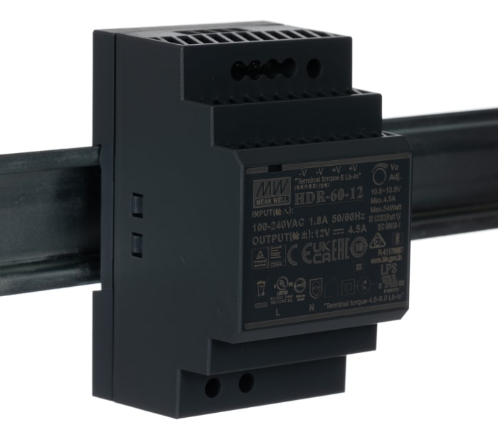 MEAN WELL Ultra Slim Switched Mode DIN Rail Power Supply 370 V dc, 264V ac AC/DC Input 12V dc, 4.5 A Output DC 54 W