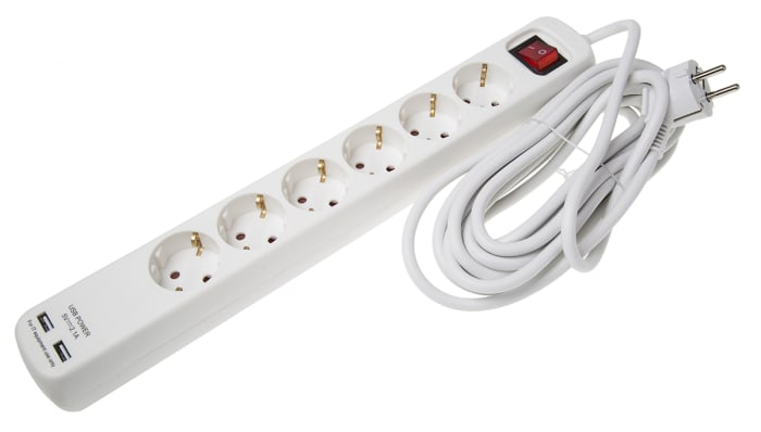 Rallonge électrique RS PRO 5m, 6 prise Schuko, 250 V, 16A