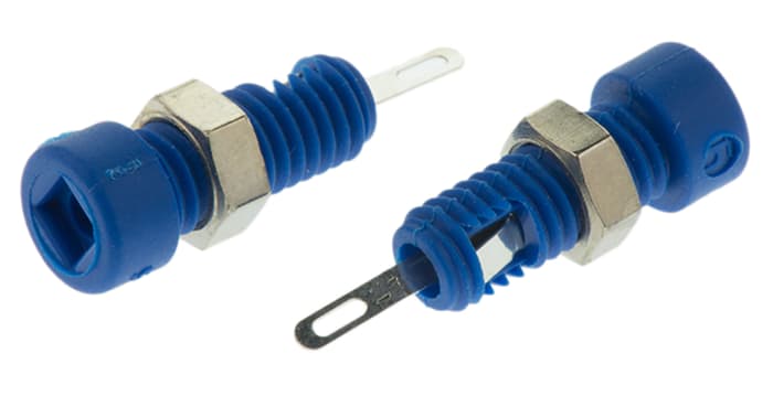 Banánková zásuvka, 6A, 2mm, 60V dc, Modrá, Samice, materiál kontaktu: Beryliová měď, mosaz, délka: 21mm Zásuvka na