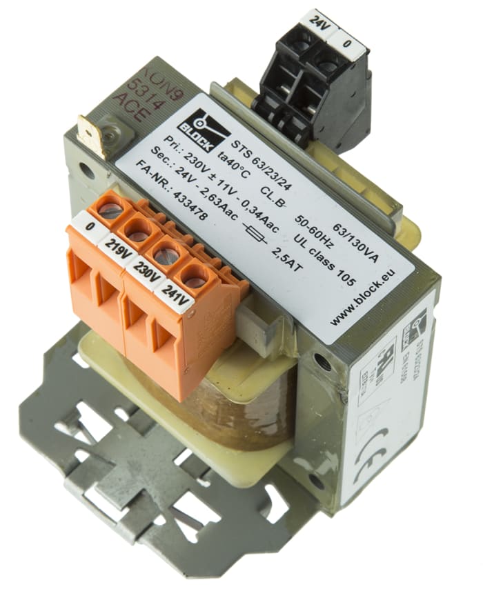 Block 63VA Raya/Panoya Montaj Trafo, 218V ac, 230V ac, 242V ac (Birincil), Tek Çıkışlı, 24V ac (İkincil)
