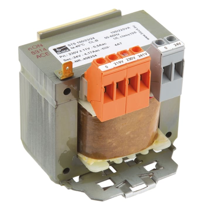 Block 100VA DIN Rail Transformer, 218V ac, 230V ac, 242V ac Primary, 24V ac Secondary