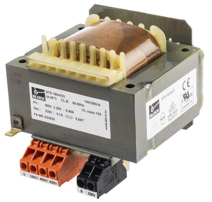 Block 160VA Raya/Panoya Montaj Trafo, 380V ac, 400V ac, 420V ac (Birincil), Tek Çıkışlı, 230V ac (İkincil)