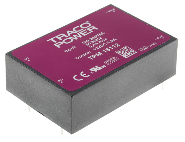 TRACOPOWER Switching Power Supply, TPM 15112, 12V dc, 1.3A, 15W, 1 Output, 100 → 375 V dc, 85 → 264 V ac
