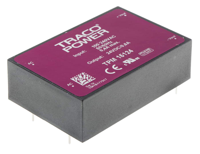 Fuente de alimentación de modo conmutado (SMPS) integrada TRACOPOWER, 24V dc, 600mA, 15W, 1 salida, Montaje en PCB