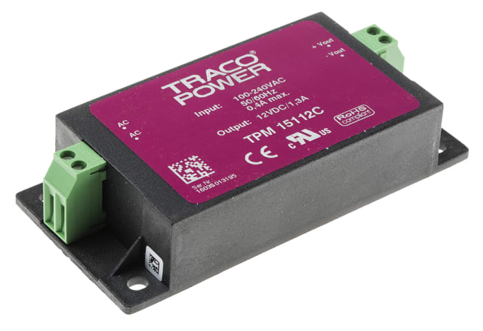 TRACOPOWER Embedded Switch Mode Power Supply SMPS, TPM 15112C, 12V dc, 1.3A, 15W, 1 Output, 100 → 375 V dc, 85