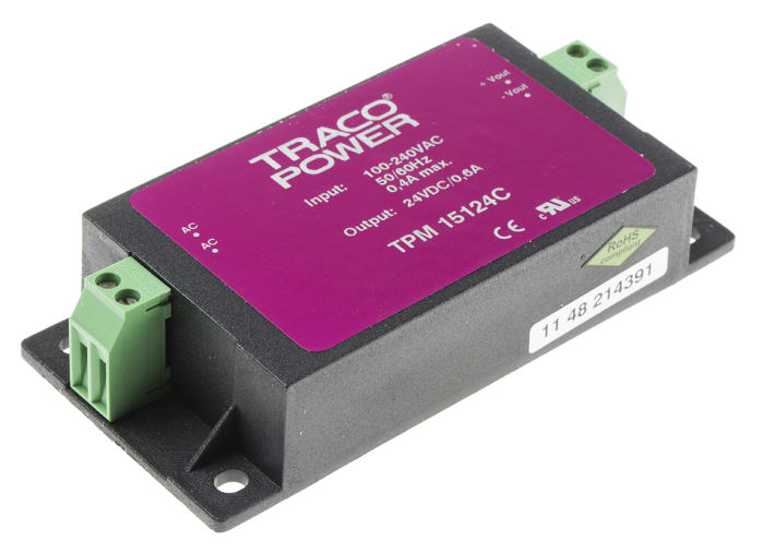 TRACOPOWER Embedded Switch Mode Power Supply SMPS, TPM 15124C, 24V dc, 600mA, 15W, 1 Output, 100 → 375 V dc, 85