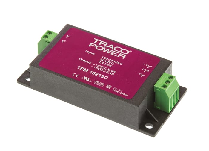 TRACOPOWER Embedded Switch Mode Power Supply SMPS, TPM 15215C, ±15V dc, 400 mA, 500 mA, 15W, Dual Output, 100 →