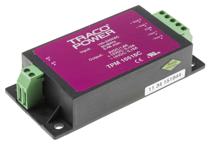 TRACOPOWER Embedded Switch Mode Power Supply SMPS, TPM 15515C, 5 V dc, ±15 V dc, 1.6 A, 150 mA, 15W, Triple Output, 100