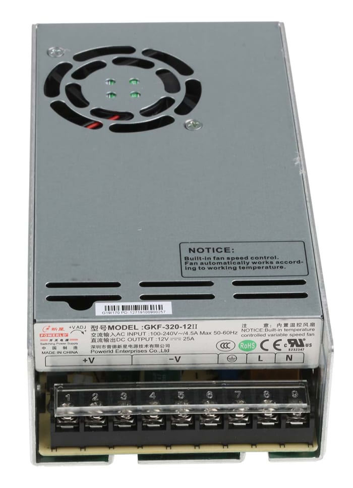 RS PRO Switching Power Supply, 12V dc, 25A, 300W, 1 Output, 120 → 370 V dc,  90 → 264 V ac Input Voltage