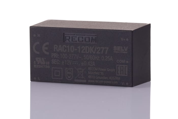 Recom, RAC10-12DK/277 Switching Power Supply 2 Output 12V dc, 10 W 305V ac