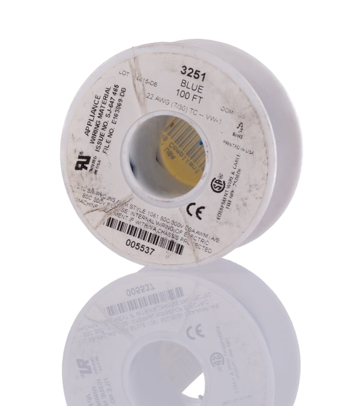 Alpha Wire Hook-up Wire PVC Series Blue 0.33 mm² Hook Up Wire, 22 AWG, 7/0.25 mm, 30m, SR-PVC Insulation, 3251 BL005
