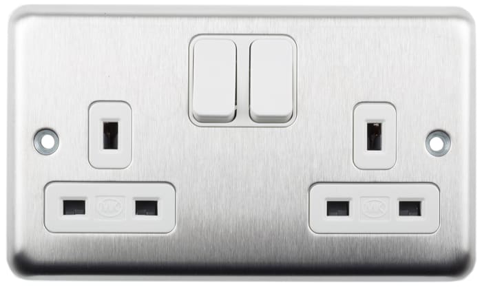 MK Electric Silver 2 Gang Plug Socket, 2 x 2P + E Poles, 13A, Type G - British