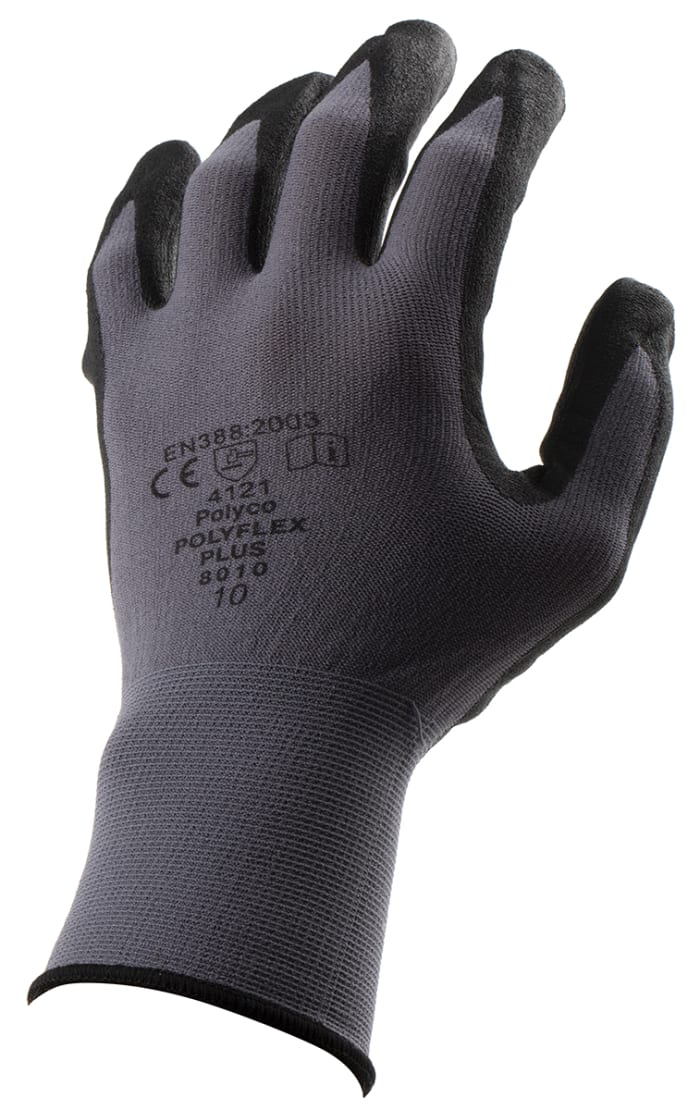 Polyco Healthline Polyflex Plus Grey Nitrile Mechanic Work Gloves, Size 10, Nitrile Foam Coating