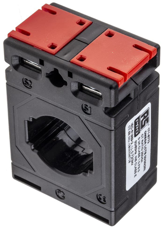 Transformador de corriente RS PRO, Montaje en Base, entrada 250A, ratio: 250:5, Ø int. 30 x 10mm, dim. 50 x 31 x 70 mm