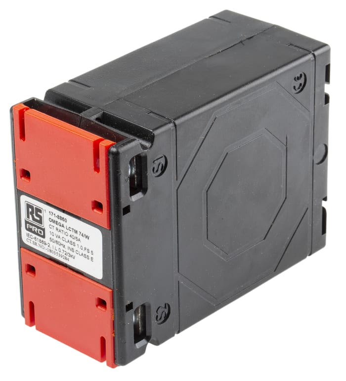 Transformador de corriente RS PRO, Montaje en Base, entrada 40A, ratio: 40:5, Ø int. 74 x 45mm, dim. 74 x 45 x 98 mm