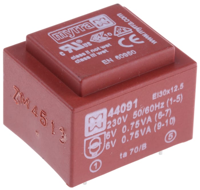 Myrra 6 V ac 2 Output Through Hole PCB Transformer, EN 61558-2-6 1.5 VA