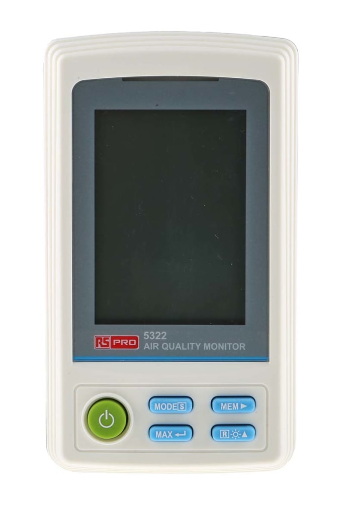 RS PRO 5322 Data Logging Air Quality Monitor for Humidity, Temperature, VOC, +60°C Max, 99%RH Max, Battery-Powered