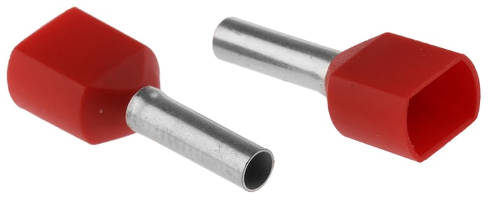 SES, PLIO Insulated Crimp Bootlace Ferrule, 8mm Pin Length, 2mm Pin Diameter, 2 x 1mm² Wire Size, Red