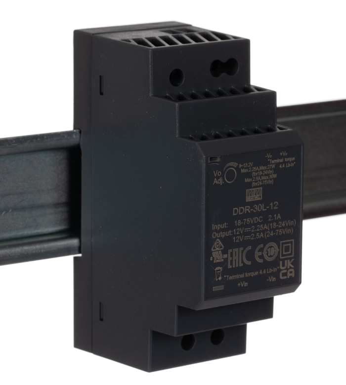 MEAN WELL DDR-30 DC-DC Converter, 12V dc/ 2.5A Output, 30W, DIN Rail Mount, +85°C Max Temp -40°C Min Temp