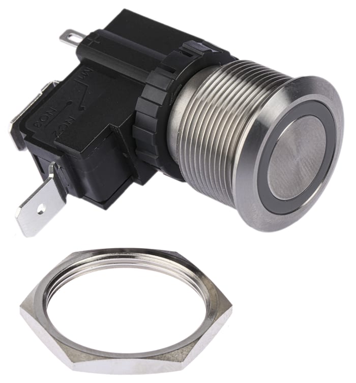 RS PRO MW25 Series Illuminated Push Button Switch, Latching, Panel, 25.2 mm Cutout, SPST, White LED, IP67 250 V