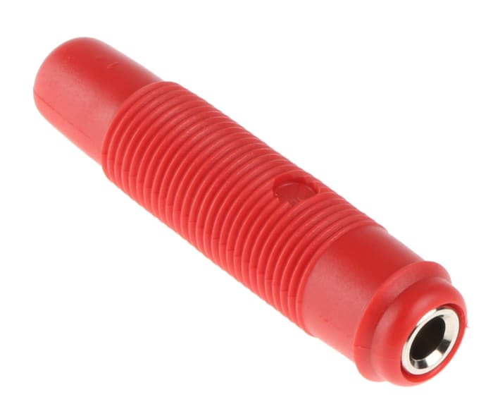 Banánková zásuvka, 16A, 4 mm, 60V dc, Červená, Samice, materiál kontaktu: Mosaz, délka: 48mm Zásuvka na banánky