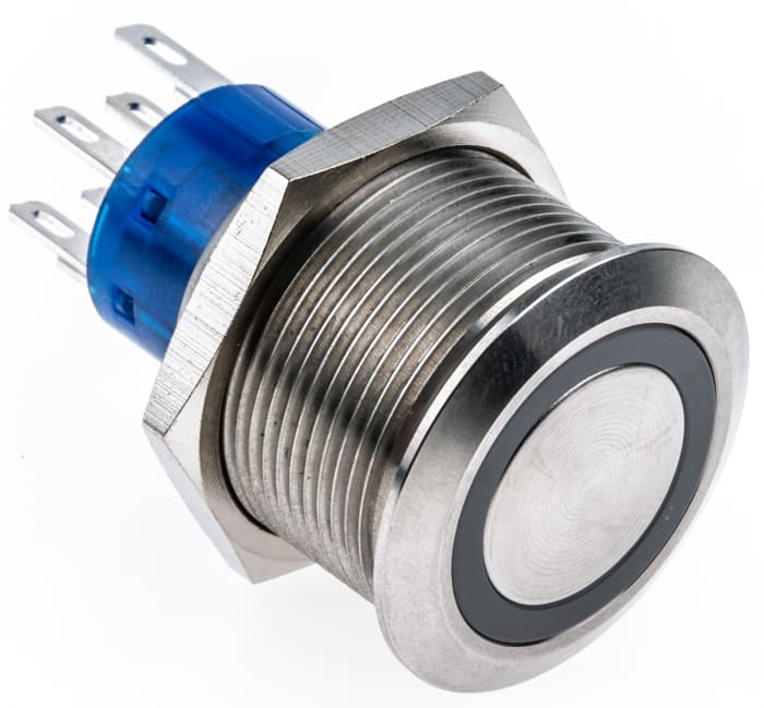 RS PRO MPB22 Series Illuminated Push Button Switch, Momentary, Panel, 22.2 mm Cutout, DPDT, White LED, IP67, 12 V 250 V