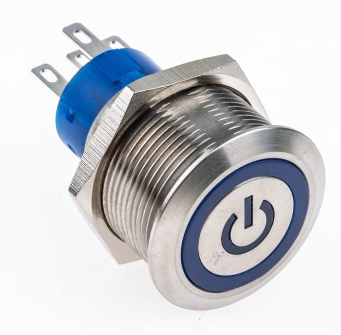 RS PRO Illuminated Push Button Switch, Panel Mount, 22.2mm Cutout, SPDT, Blue LED, 250V ac, IP67