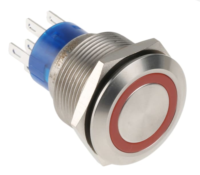 RS PRO Illuminated Push Button Switch, Momentary, Panel Mount, 22.2mm Cutout, DPDT, Red LED, 250V ac, IP67