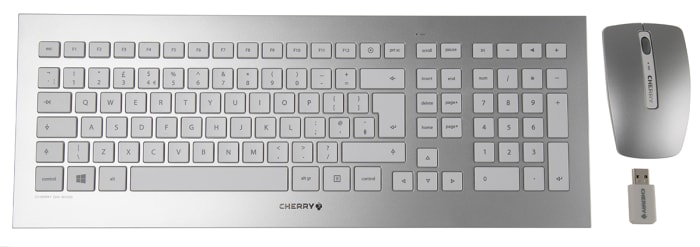 Juego de teclado y ratón Cherry JD-0310GB, Plata, Inalámbrico, QWERTY (UK), Estándar, USB