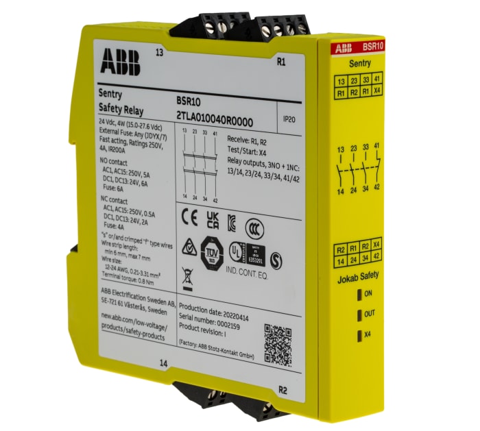 ABB Jokab Sentry BSR10 Emergency Stop Safety Relay, 24V dc, Single Channel, 4 Safety Contacts