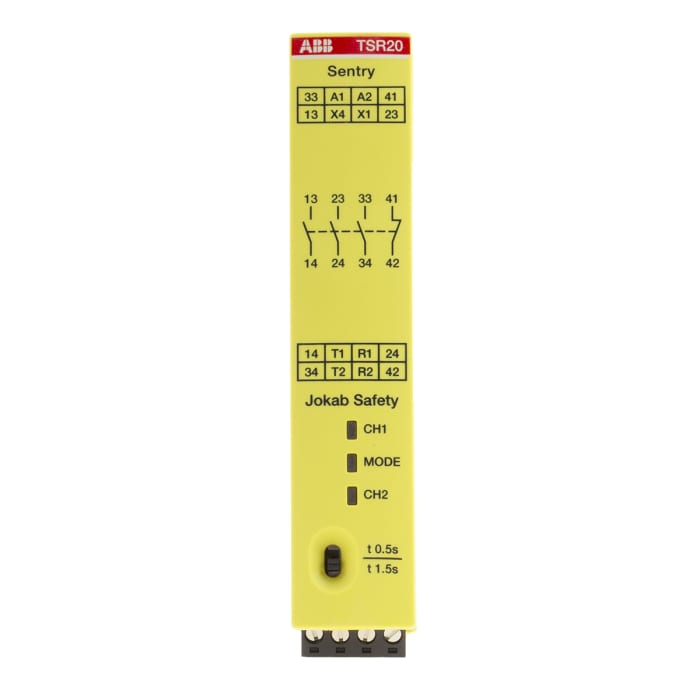 ABB Jokab Sentry TSR20 3 Auxiliary Contacts Safety Relay 24V dc, Dual-Channel 4 Safety Contacts