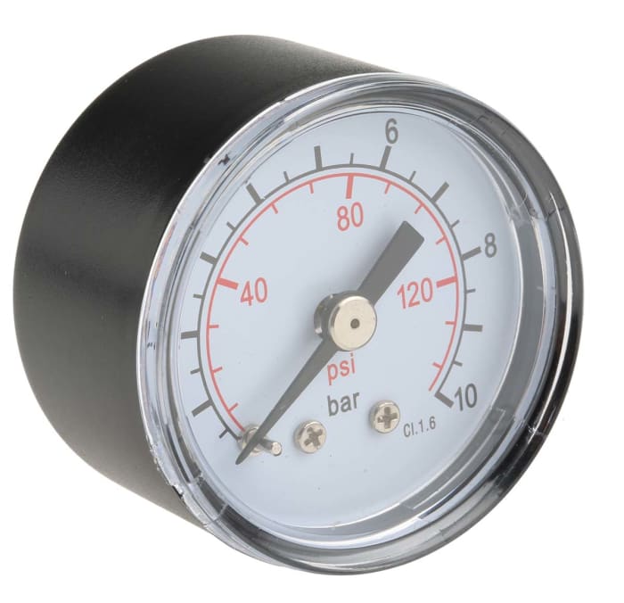 RS PRO Analogue Pressure Gauge 10bar Back Entry 40mm Outside Diameter