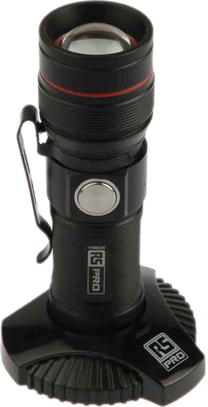 RS PRO, RS PRO LED Pocket Torch Black - Rechargeable 300 lm, 93 mm, 176-6035