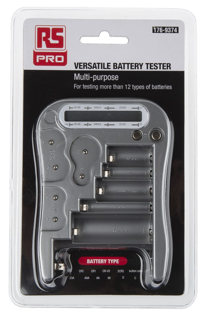 Testeur de batterie RS PRO Pour Batteries 2CR5, 9V, AA, AAA, C, CR123A, CR2, CRP2, CRV3, D