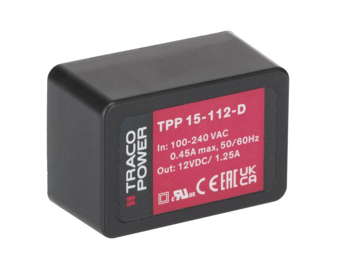 TRACOPOWER Switching Power Supply, TPP 15-112-D, 12V dc, 1.25A, 15W, 1 Output, 120 → 370 V dc, 85 → 264 V