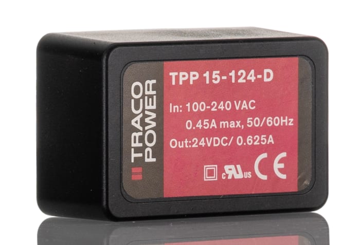 TRACOPOWER Switching Power Supply, TPP 15-124-D, 24V dc, 625mA, 15W, 1 Output, 120 → 370 V dc, 85 → 264 V