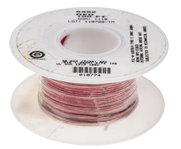 Alpha Wire Premium Series Red 0.09 mm² Hook Up Wire, 28 AWG, 7/0.13 mm,  30m, PTFE Insulation