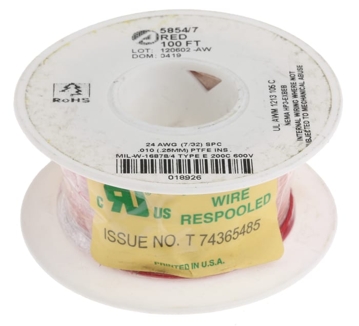 Alpha Wire Premium Series Red 0.23 mm² Hook Up Wire, 24 AWG, 7/0.20 mm,  30m, PTFE Insulation | Alpha Wire | RS Components Export
