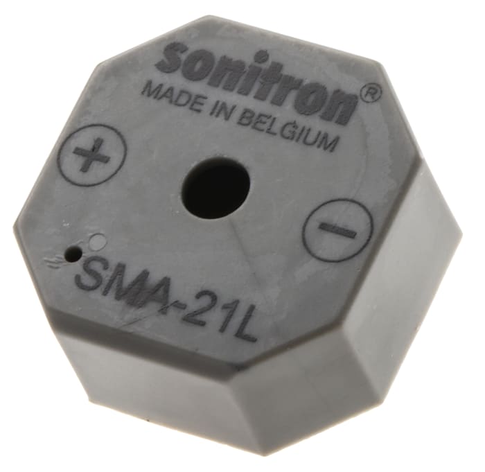Sonitron 91dB Through Hole Continuous Internal Piezo Buzzer, 21 x 21 x 9.5mm, 1.5V dc Min, 24V dc Max