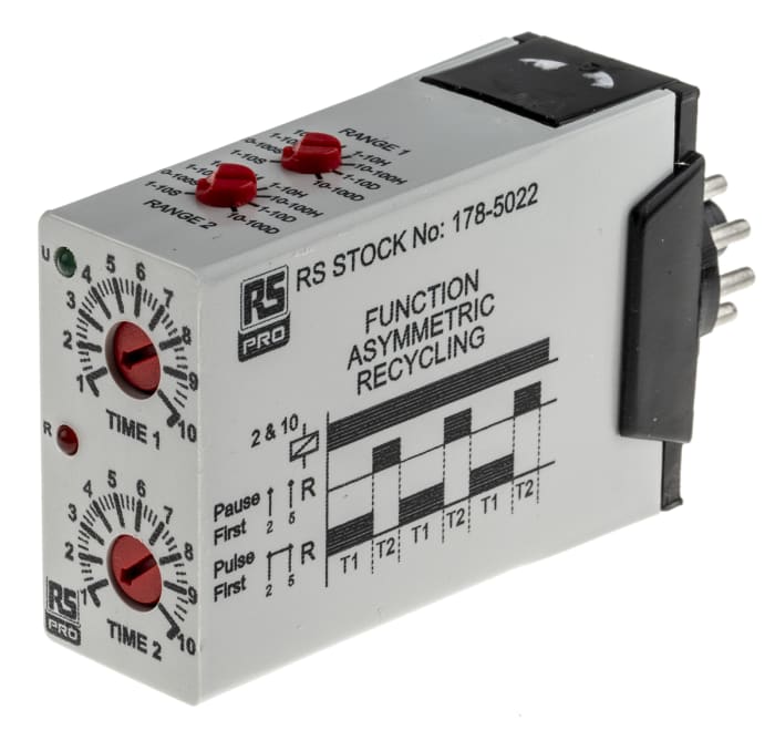 RS PRO Plug In Timer Relay, 12 → 240V ac/dc, 0.1 s → 100days, 2-Function, DPDT