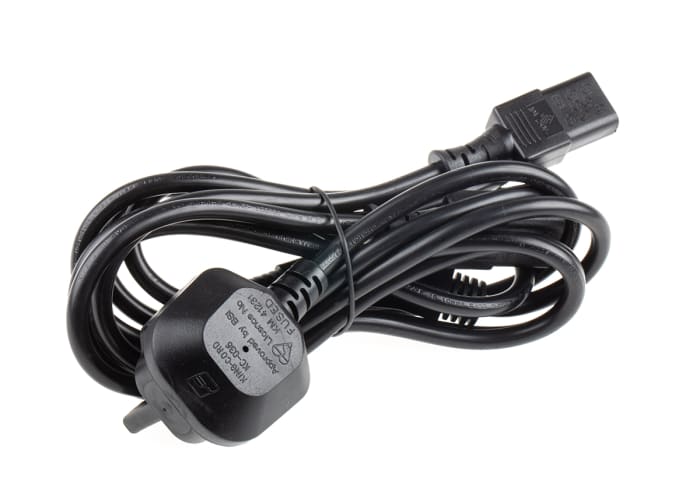 RS PRO Straight IEC C13 x 2 Socket to Right Angle Type G UK Plug Power Cord, 2.5m
