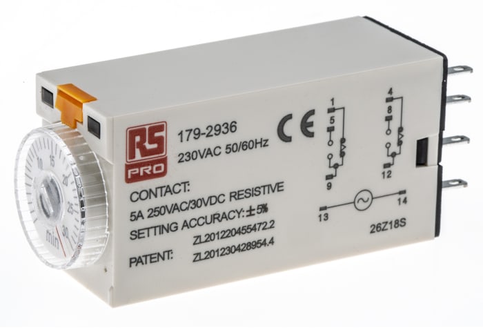 Relais temporisé RS PRO, 230V c.a., Enfichable, 2 contacts