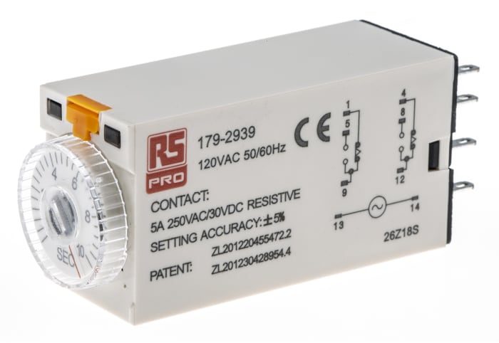 Temporizador monofunción RS PRO, 110V ac, 5A, 2 contactos, DPDT, tempo. 0.5 → 10s